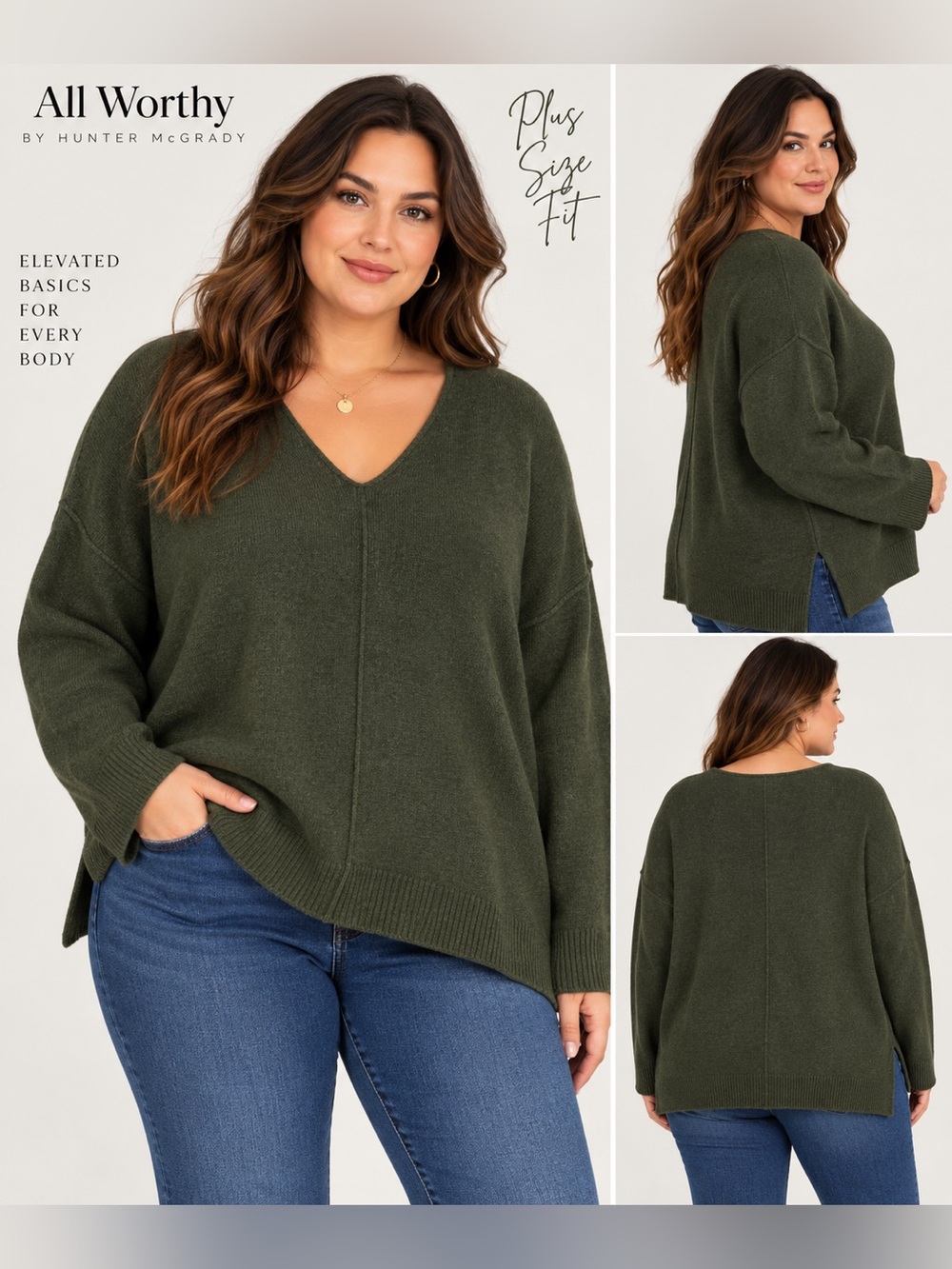 All Worthy by Hunter McGrady Olive V-Neck Sweater Plus Size 2X NWT